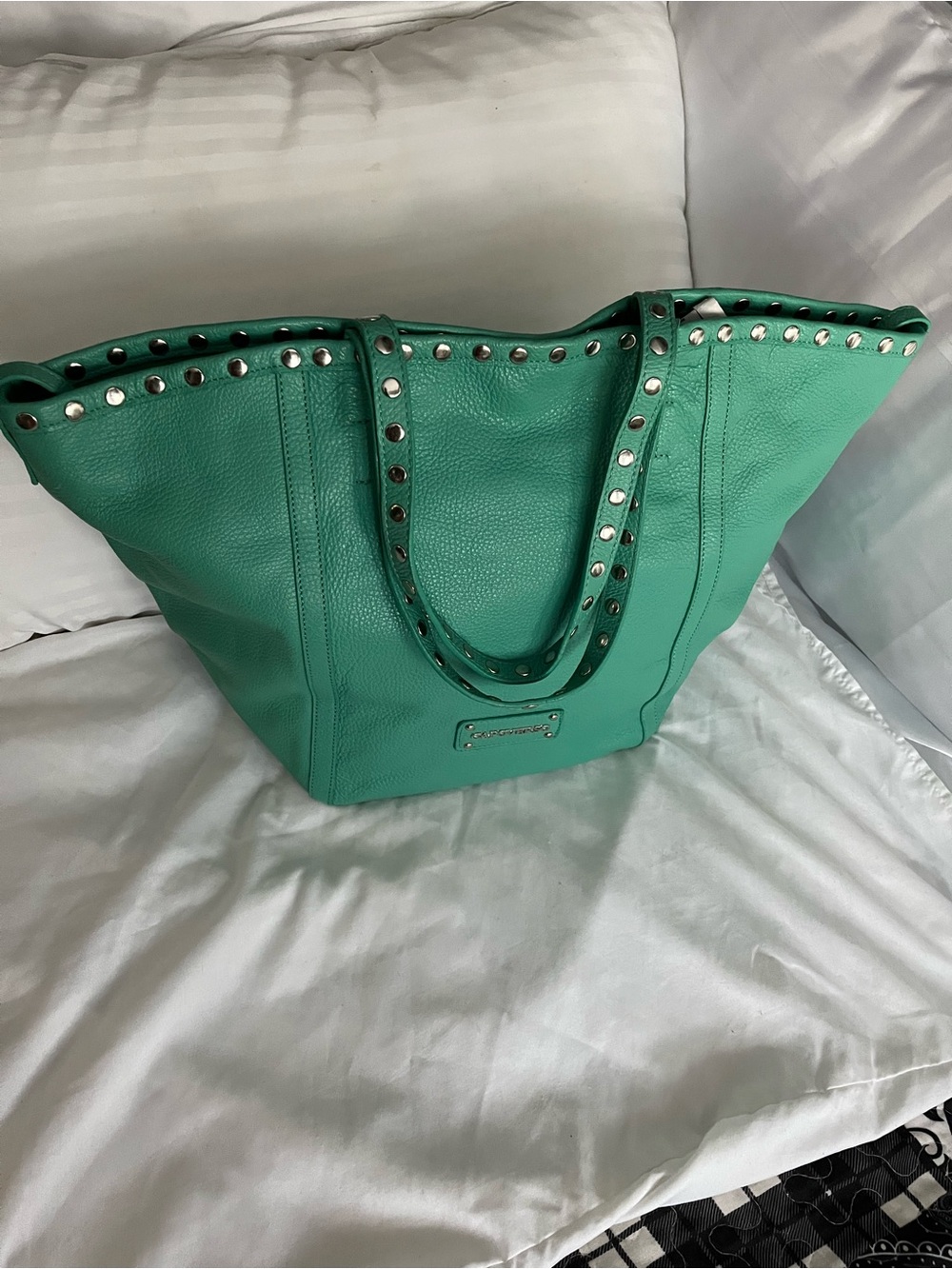 Stud-Trim Teal Pebble Leather Tote